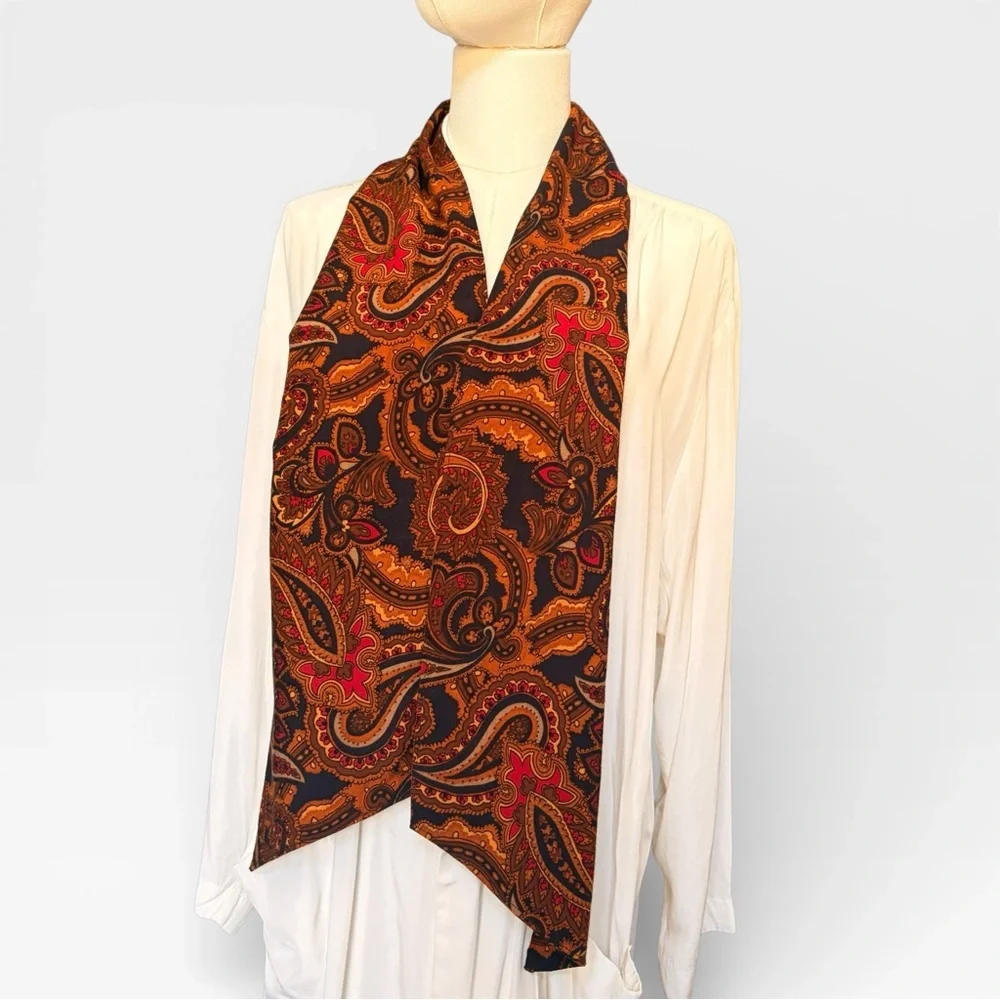 Vintage Paisley Narrow Scarf - Brown Navy Red Neckerchief Double Sided Rodeocore
